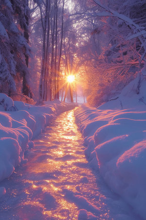 Sunset in the winter forest. Beautiful winter landscape with a path.の素材