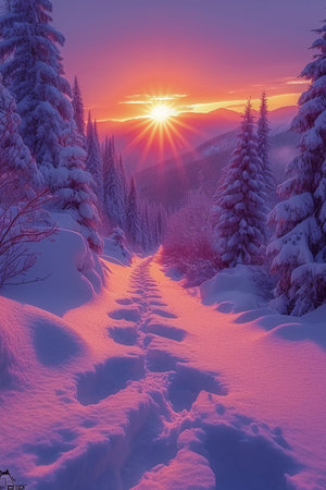 Majestic sunset in the winter mountains landscape. Dramatic wintry scene.の素材