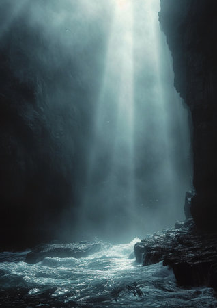 Mysterious dark cave with light rays coming out of the waterの素材