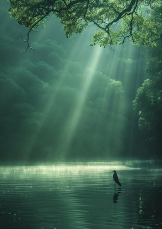 Mysterious forest with fog and a bird on the lake.の素材