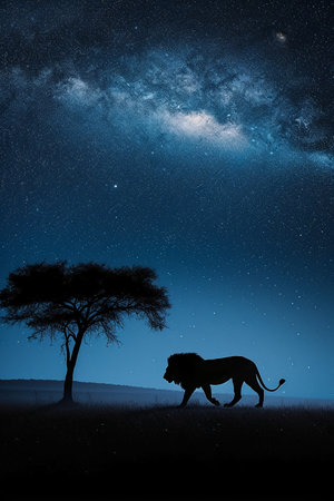 Lion in the savannah with starry sky and milky wayの素材