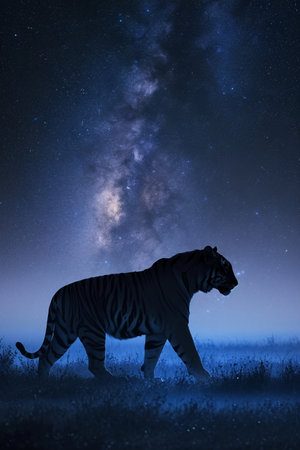 Tiger in the field with milky way and starry skyの素材