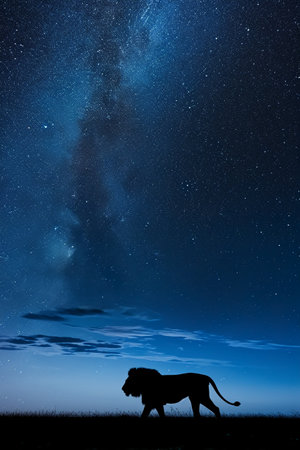 Silhouette of lion at night with milky way and starsの素材