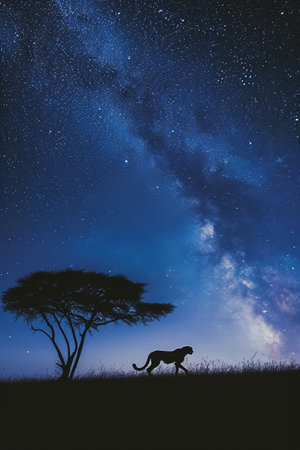 Silhouette of leopard in savanna with starry skyの素材