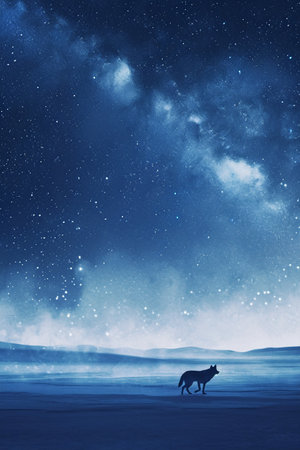 Night sky with stars and a silhouette of a wolf in the foregroundの素材