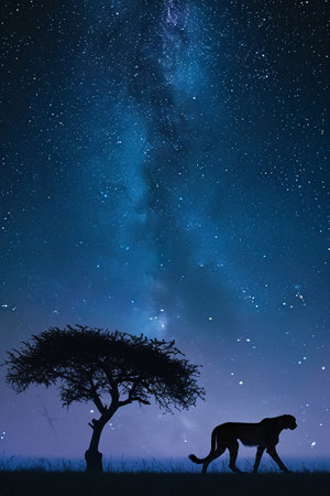 Silhouette of a lion and a tree in the night skyの素材