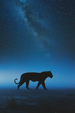 Silhouette of a lion in the night sky with stars.の素材