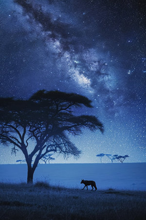 Night landscape with starry sky and silhouette of a wild lion.の素材