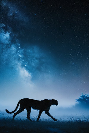 Silhouette of a cheetah walking in the night skyの素材