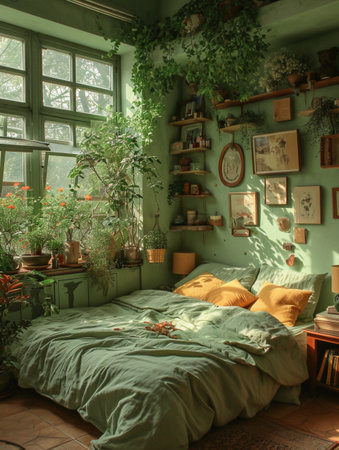 Interior of a cozy bedroom with a green bed and plants.の素材