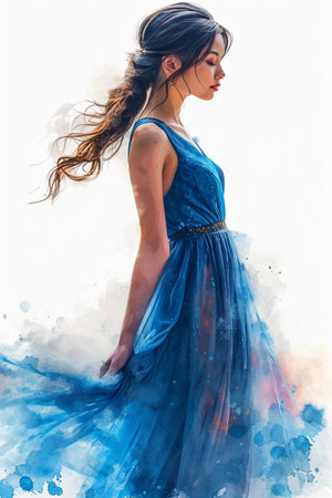 Fashion portrait of a beautiful young woman in a blue dress.の素材