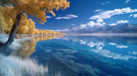 beautiful autumn landscape with mountain lake and trees and reflection in waterの素材