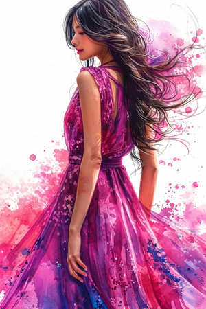 3D illustration of a beautiful girl with long black hair and pink dress.の素材