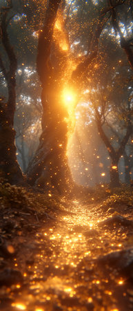 Mysterious forest with magic light. 3d render illustration.の素材