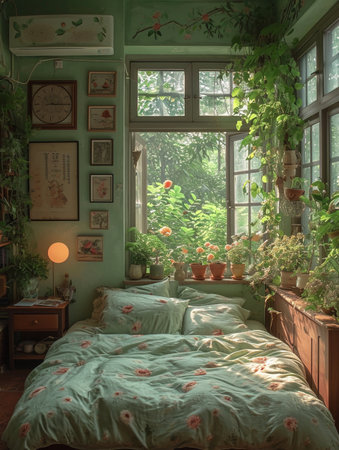 Interior of a room with a bed and plants, vintage styleの素材