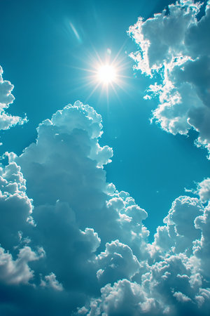 Blue sky with white clouds and sun. Natural background. Toned.の素材