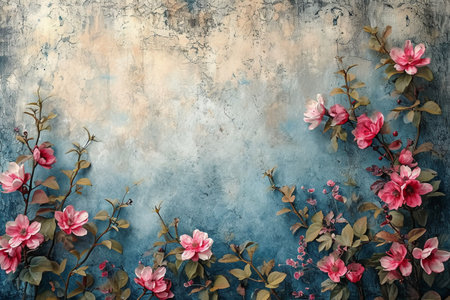 Grunge floral background with pink magnolia flowers on blue wallの素材