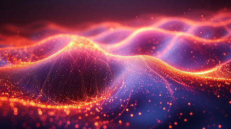 3D rendering of abstract digital landscape with glowing particles. Futuristic wave with depth of field and bokeh effect. Big data visualization.の素材