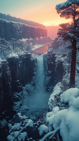 Beautiful winter landscape with frozen waterfall at sunset. Colorful nature background.の素材