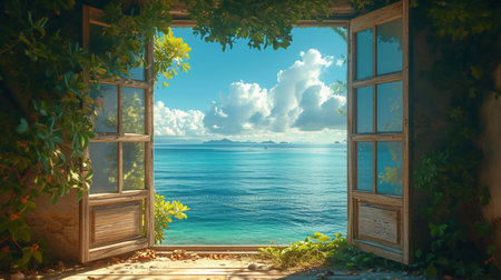 Open door to the sea on a background of blue sky and cloudsの素材
