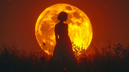 Silhouette of a girl on a background of a full moonの素材