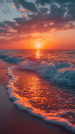 Beautiful sunset on the beach. Sunset on the beach. Sea waves.の素材