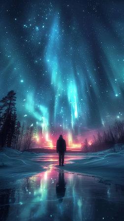 Man in winter landscape with aurora borealis and starry skyの素材