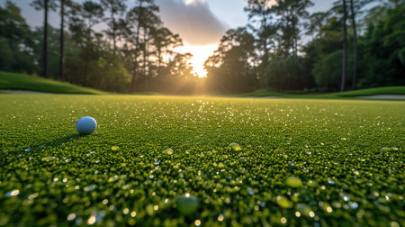 golf ball on green grass in golf course at sunset or sunriseの素材