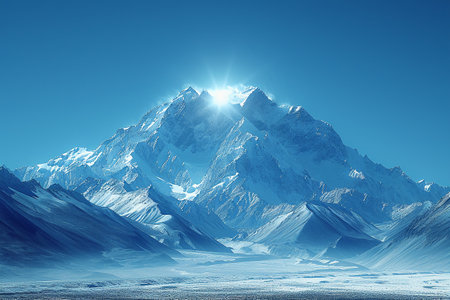 Snowy mountains with sun in blue sky. 3d render illustrationの素材