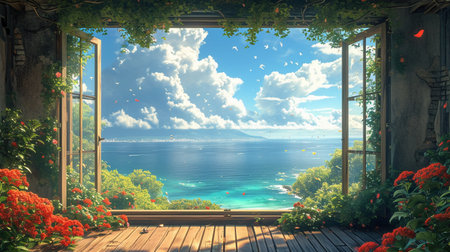 Beautiful view of the sea from the window. 3d renderingの素材