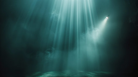 Underwater view of a dark cave with rays of light coming from aboveの素材