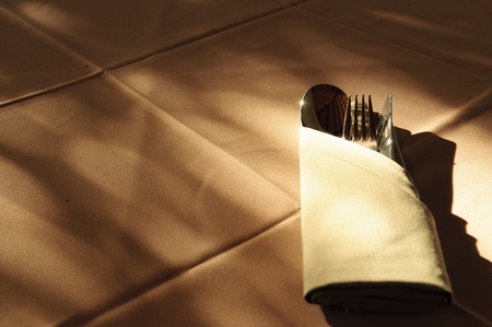 Spoon,Fork and knife on the tableの写真素材