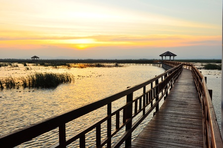 Boardwalk on the lake at sunset, Sam Roi Yod National Park, Prachuap Khiri Khan, Thailandの写真素材