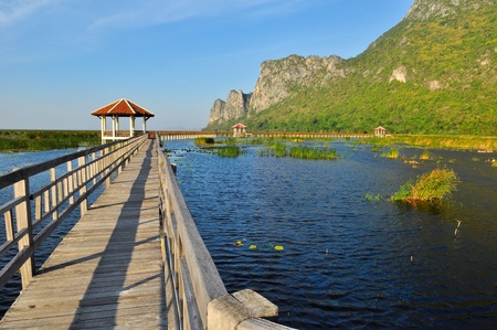 wood bridge on the lake in national park, Sam Roi Yod National Park, Prachuap Khiri Khan, Thailandの写真素材