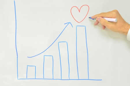 Male hand drawing love graph with increase arrow showingの写真素材