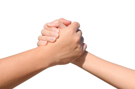 Partner hand between a man and a woman isolated on white background
