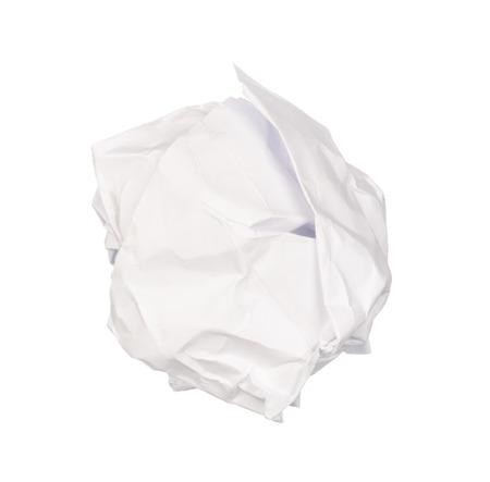 Vintage crumpled white paper isolated on white backgroundの写真素材