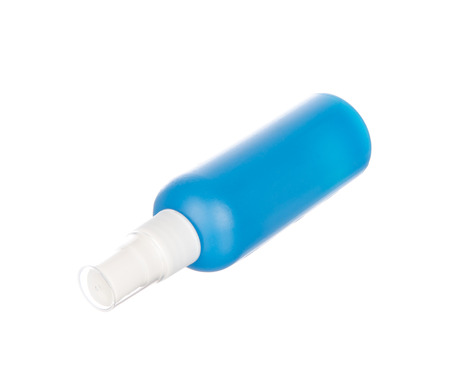 Blue container of spray bottle isolated on white backgroundの写真素材
