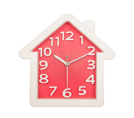 Red white house clock wall isolated on white backgroundの写真素材