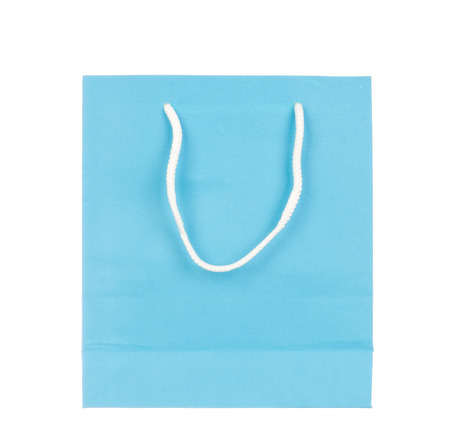 Empty blue paper bag isolated on white backgroundの写真素材