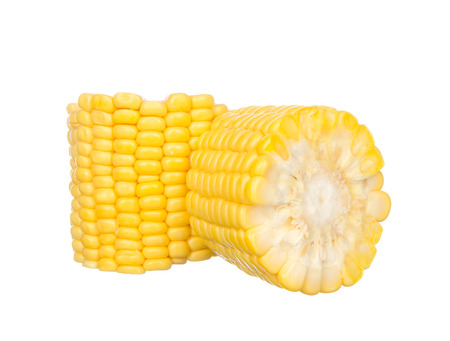 Sliced two corns isolated on white backgroundの写真素材