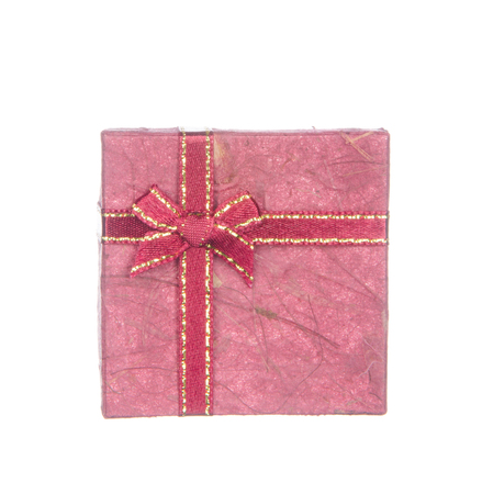 Purple gift box with ribbon and bow isolated on white backgroundの写真素材