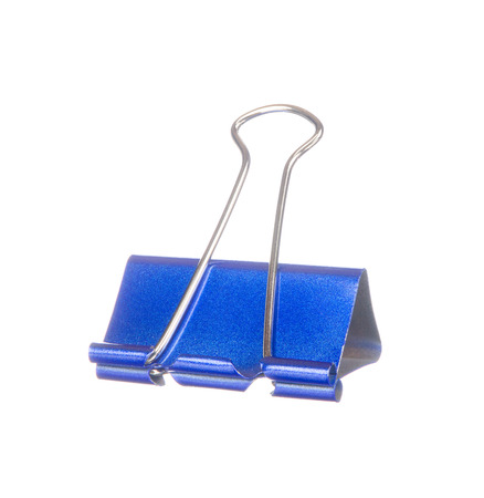 Blue paper clip isolated on white backgroundの写真素材
