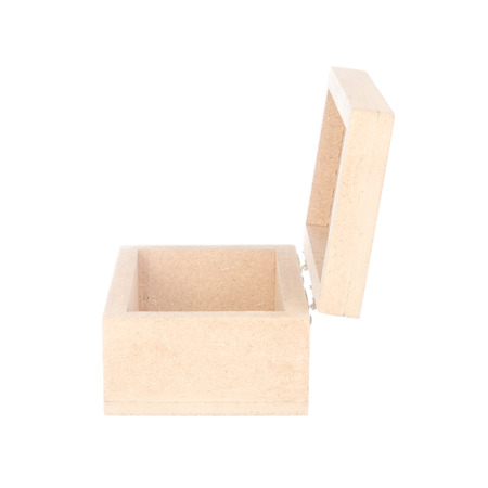 Open wood box isolated on white backgroundの写真素材