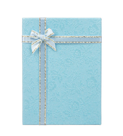 Blue gift box with ribbon and bow isolated on white backgroundの写真素材