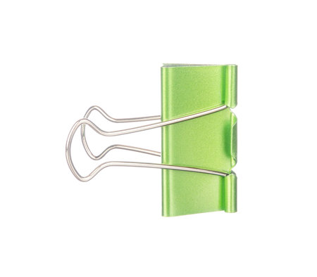 Green paper clip isolated on white backgroundの写真素材