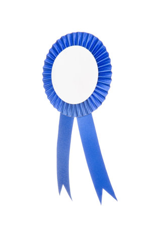 Blue fabric award ribbon isolated on white backgroundの写真素材