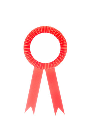 Red fabric award ribbon isolated on white backgroundの写真素材