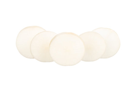 Sliced chinese radishes isolated on white backgroundの写真素材