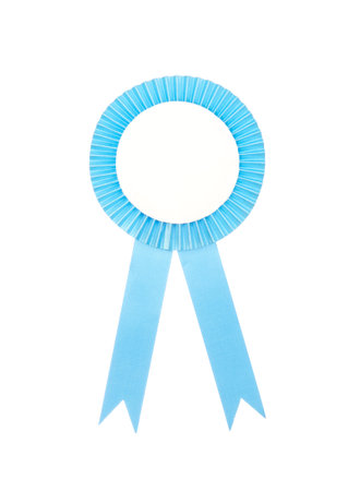 Blue fabric award ribbon isolated on white backgroundの写真素材
